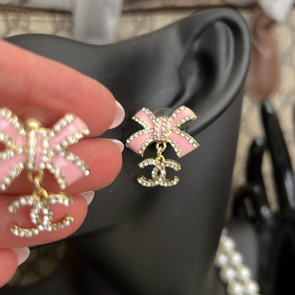 Pink and Gold Crystal Fashion Bow Earrings - Picture 5 of 8